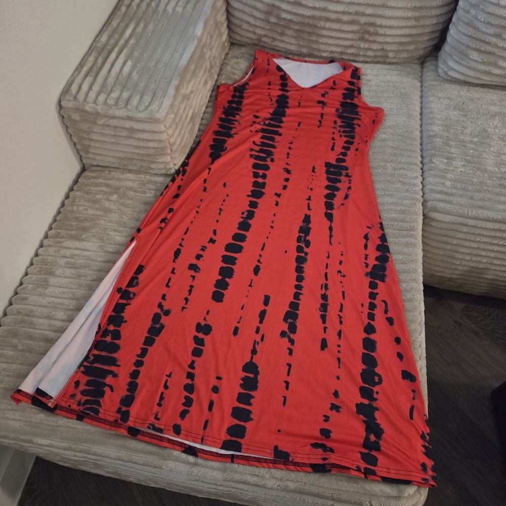 Womens XL Red Black Abstract Pattern Maxi Dress Sleeveless V-Neck Long - Picture 4 of 10